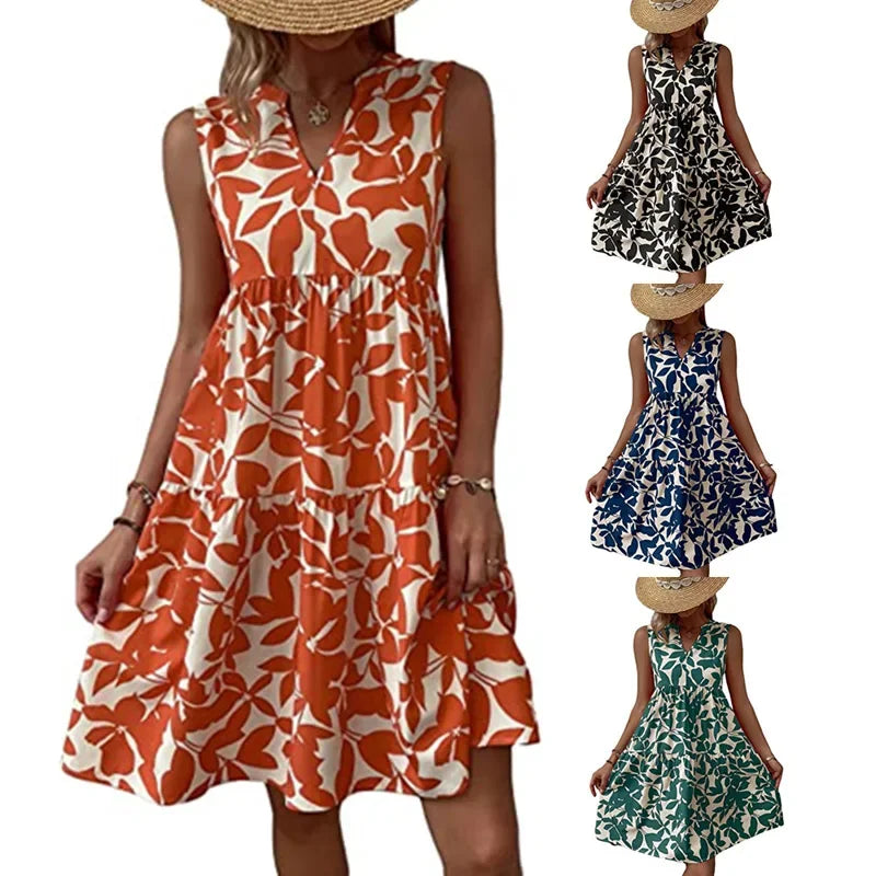 Green Leaf Print Tiered Mini Dress