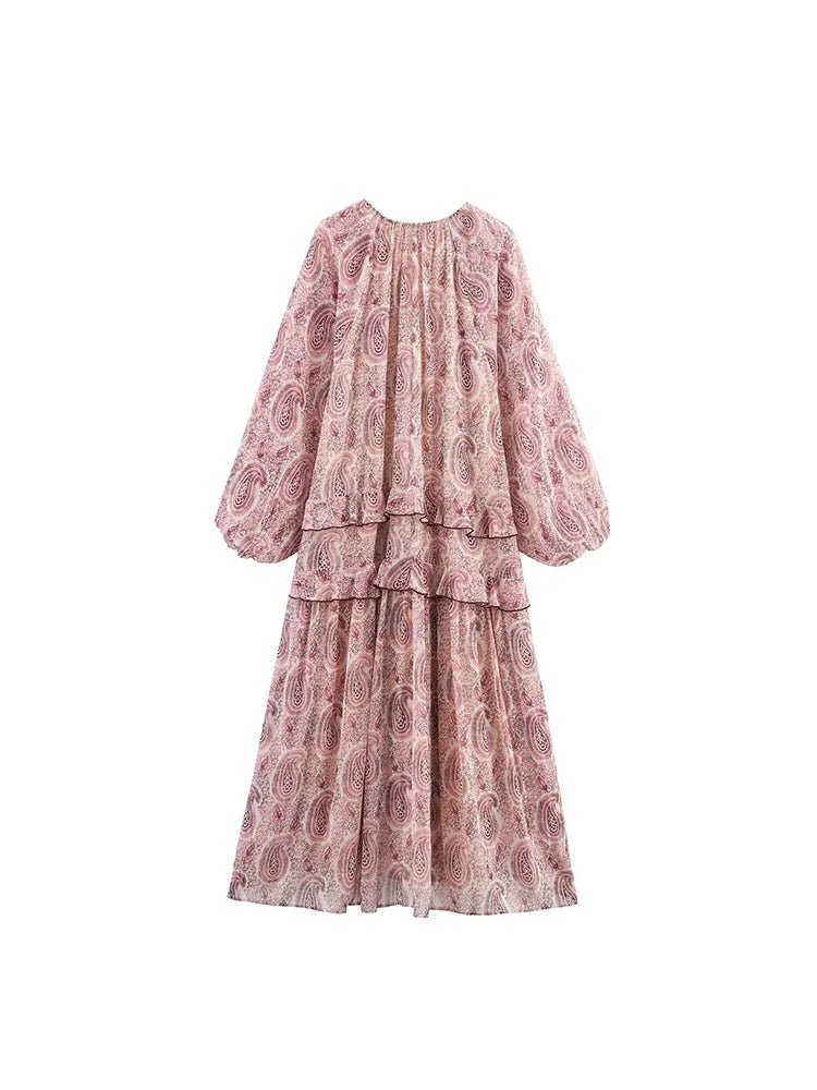 Vintage Print Chiffon Ruffle Midi Dress