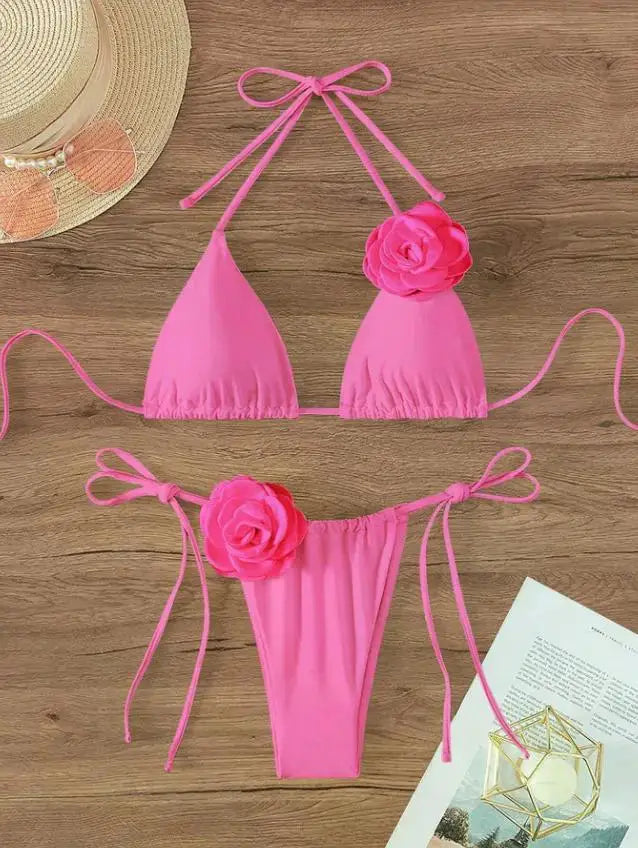 3D Floral Halter Strappy Bikini Set