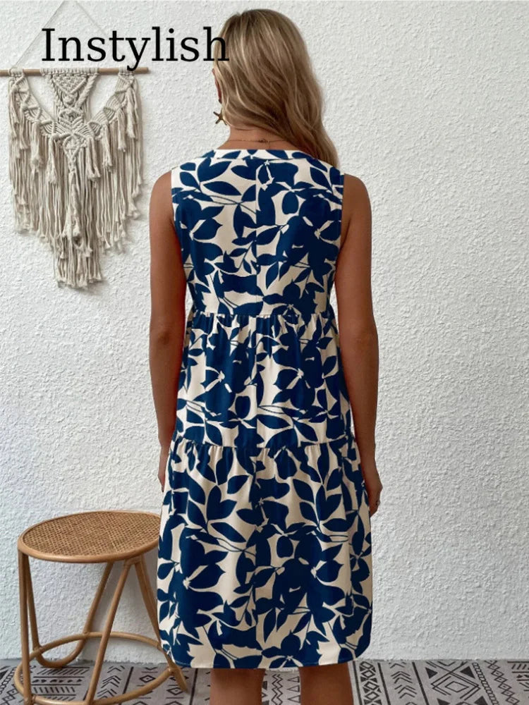 Green Leaf Print Tiered Mini Dress
