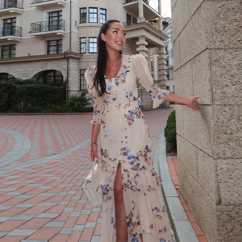 Organza Floral Puff-Sleeve Maxi Dress