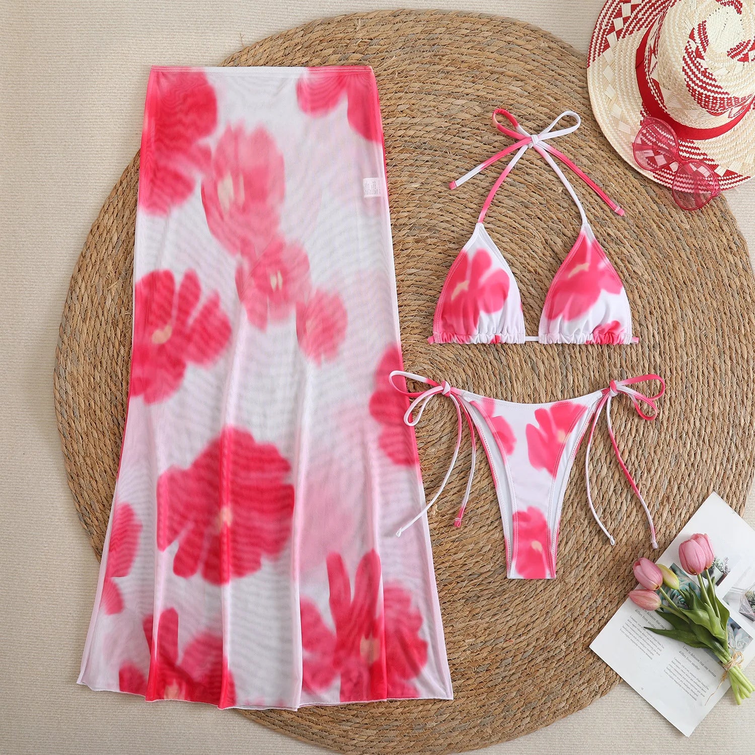 Floral Print 3-Piece High-Waist Bikini Set