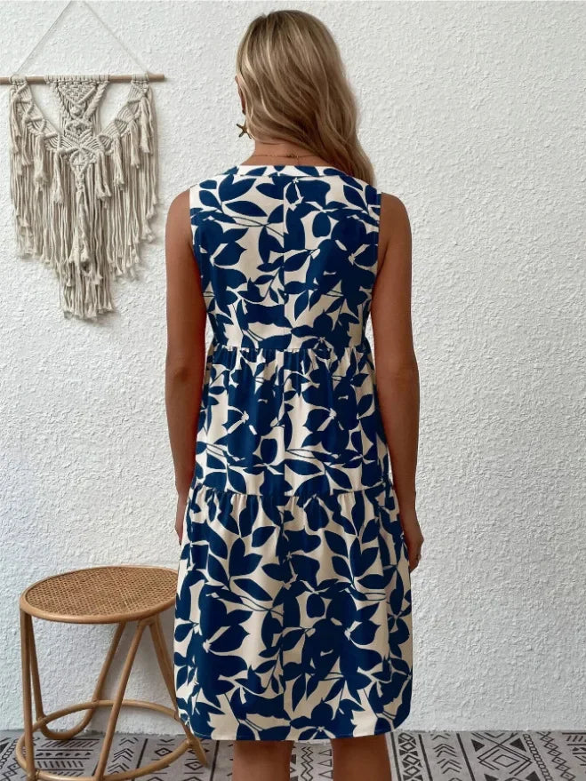 Green Leaf Print Tiered Mini Dress
