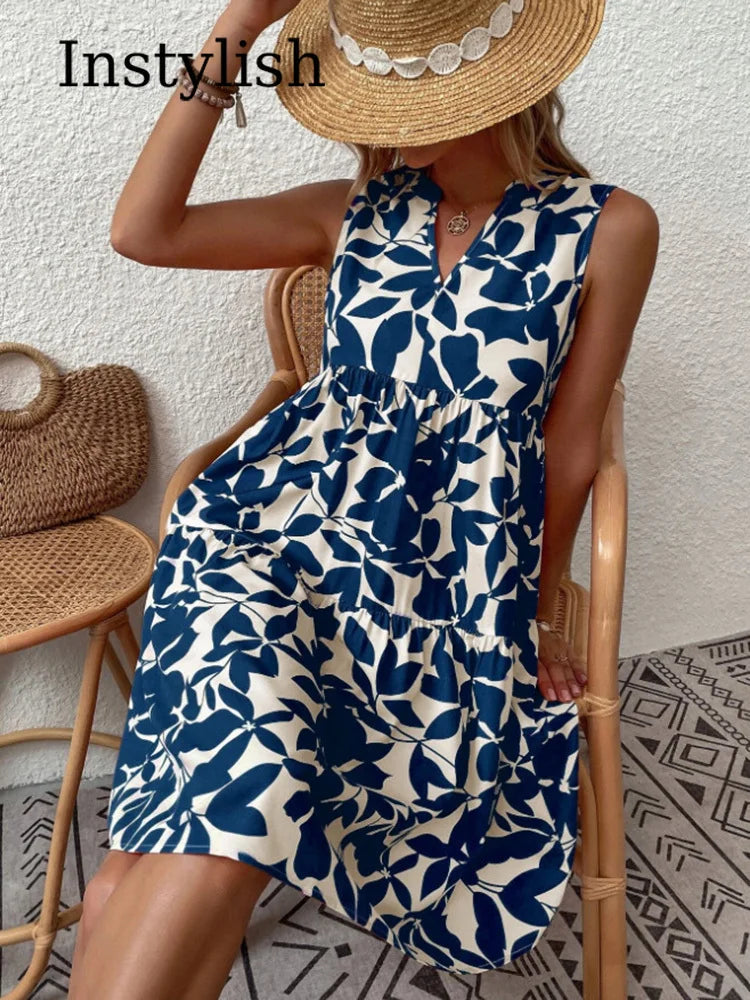 Green Leaf Print Tiered Mini Dress