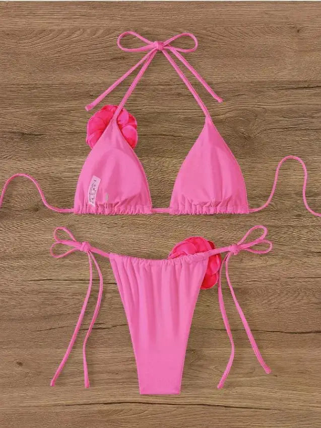 3D Floral Halter Strappy Bikini Set