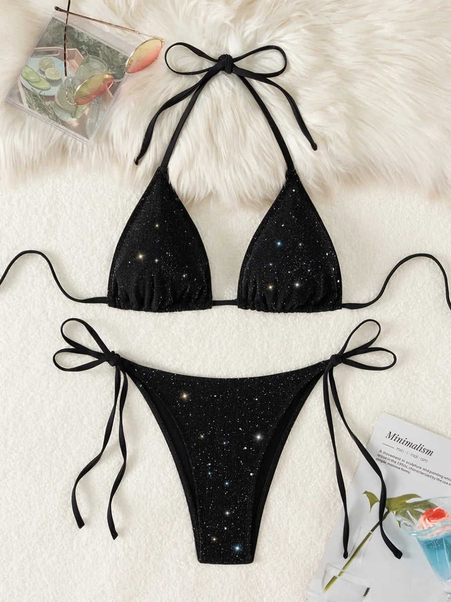 Sparkly Halter High-Cut Bikini