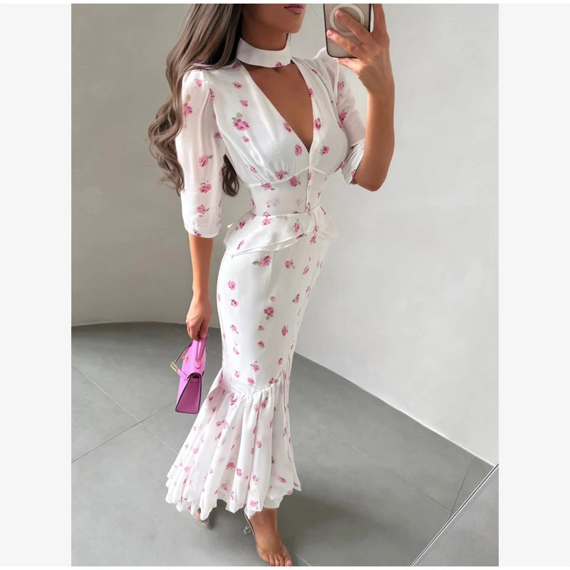 Organza Floral Puff-Sleeve Maxi Dress