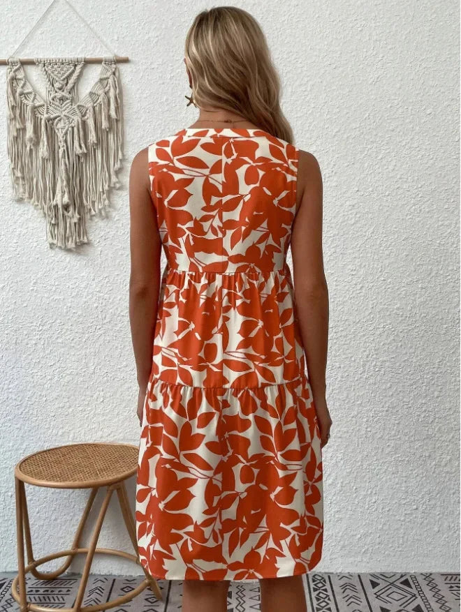 Green Leaf Print Tiered Mini Dress