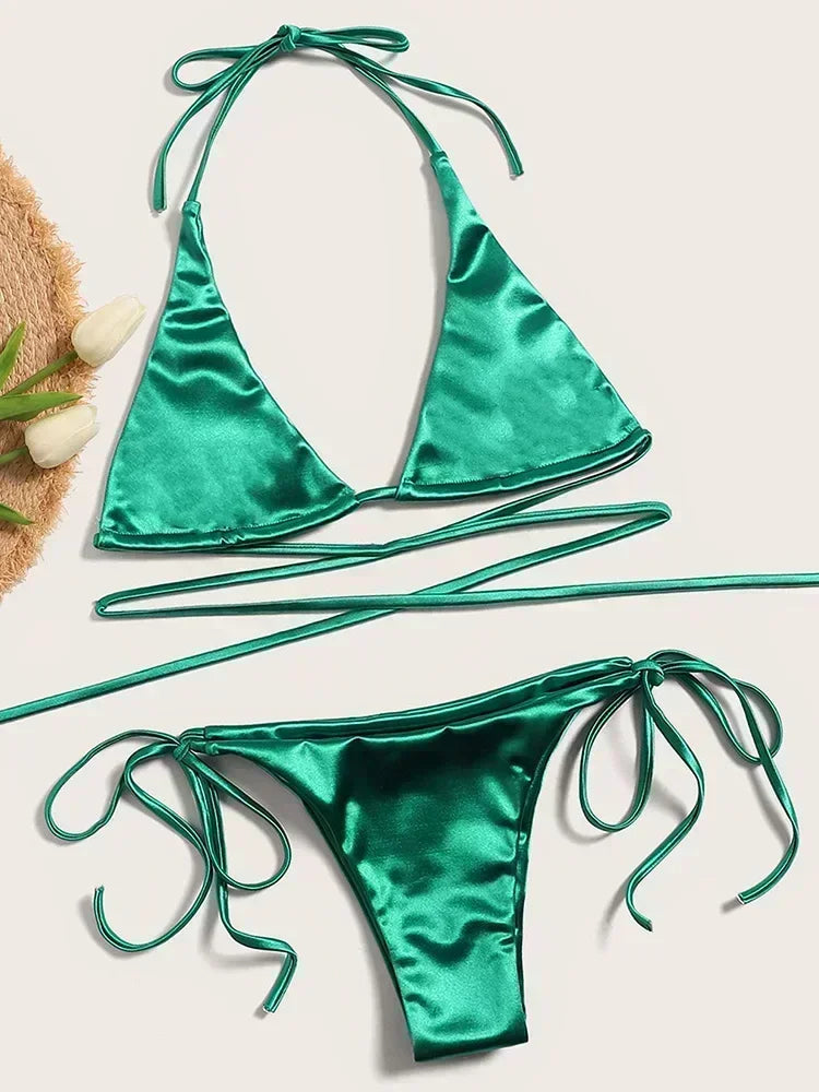 Metallic Satin Halter Bikini