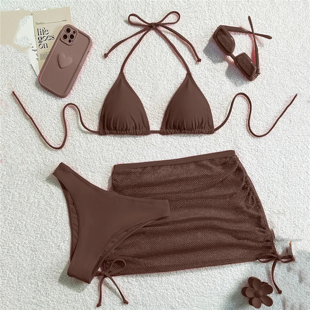 Brown Halter 3-Piece Bikini