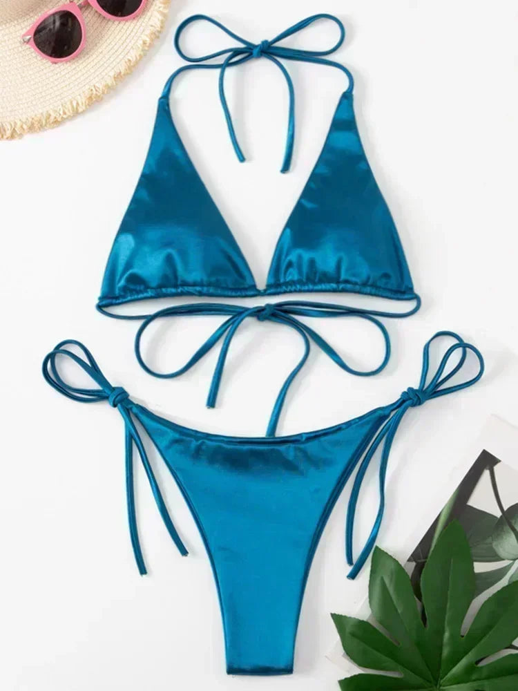 Metallic Satin Halter Bikini