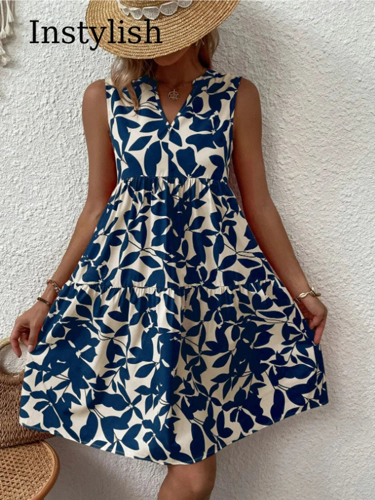Green Leaf Print Tiered Mini Dress