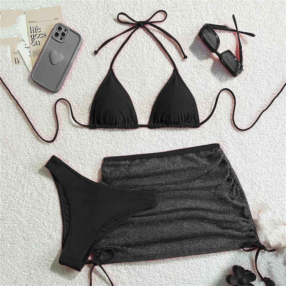 Brown Halter 3-Piece Bikini