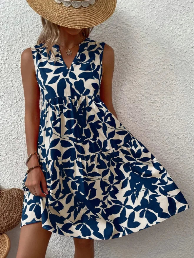 Green Leaf Print Tiered Mini Dress