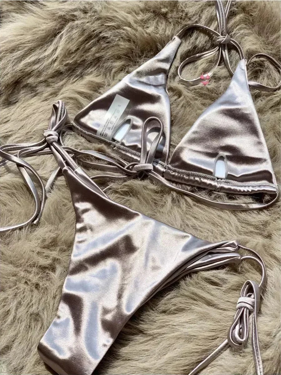 Metallic Satin Halter Bikini