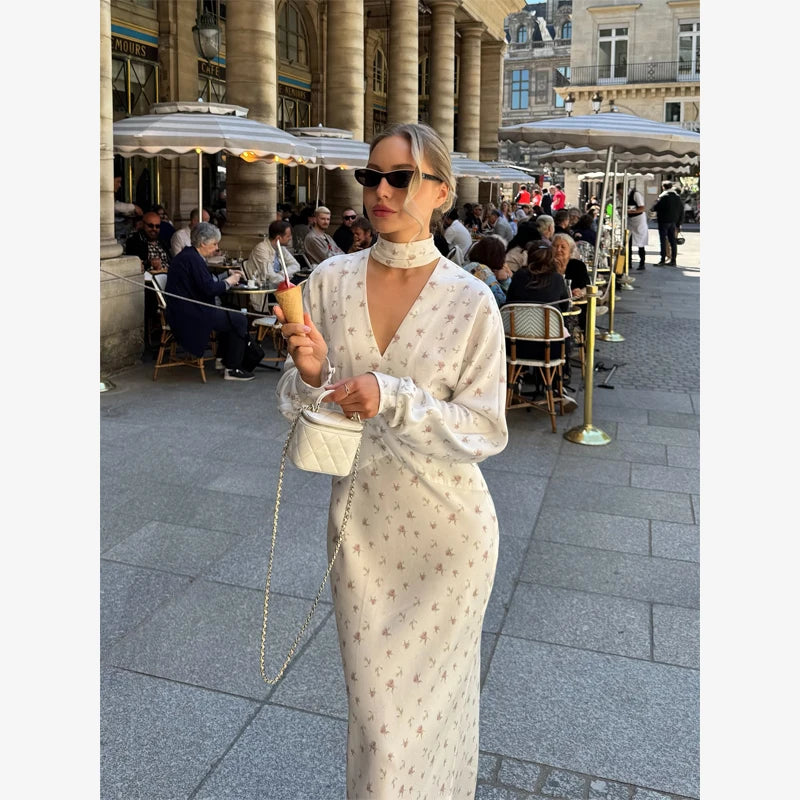 Organza Floral Puff-Sleeve Maxi Dress