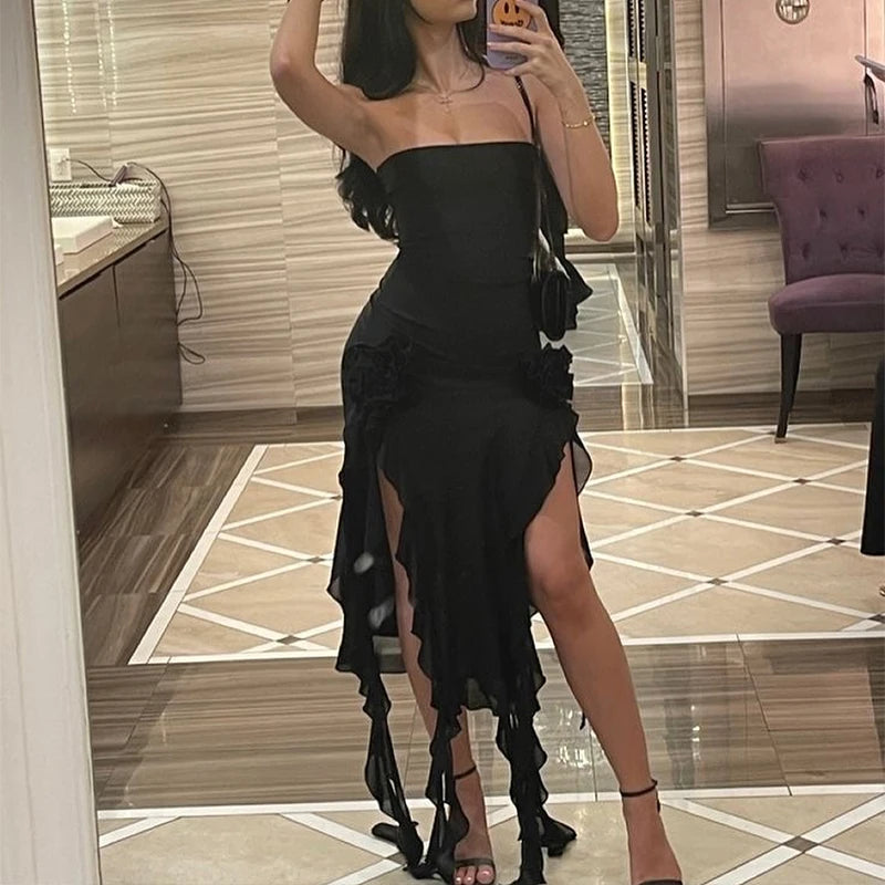 Strapless Floral High-Slit Mini Dress