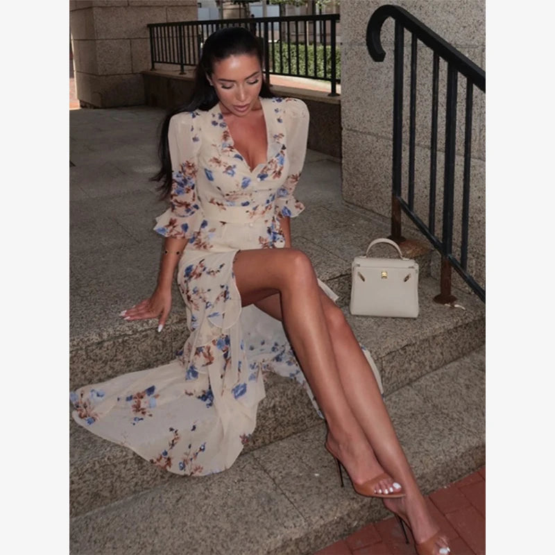 Organza Floral Puff-Sleeve Maxi Dress
