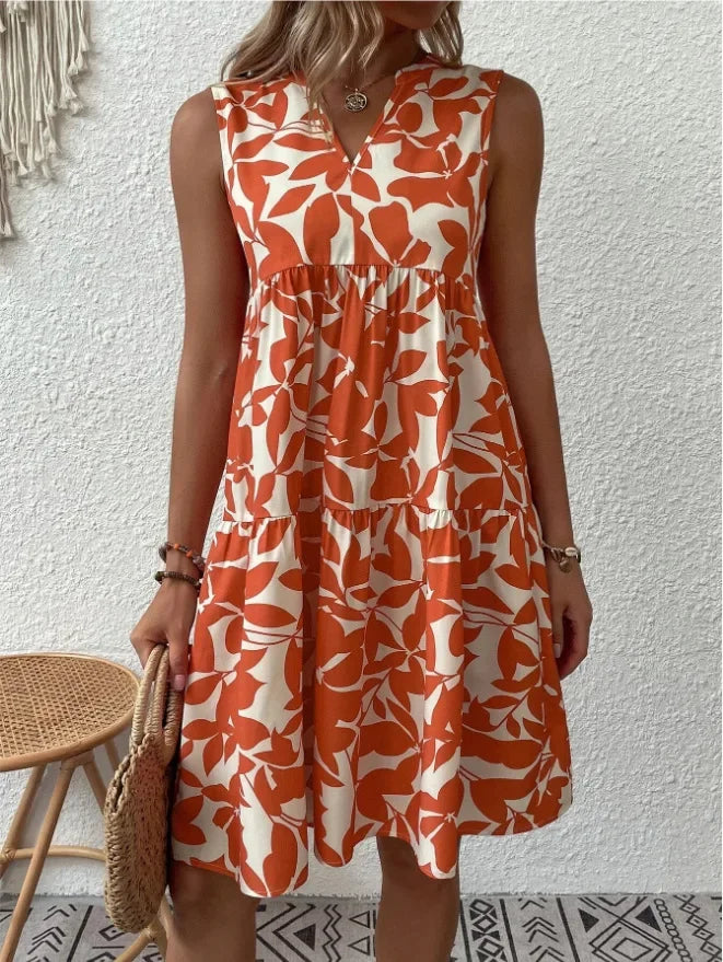 Green Leaf Print Tiered Mini Dress