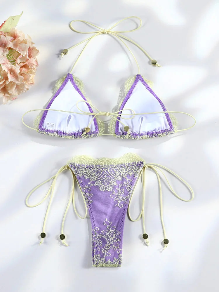 Hollow Lace Patchwork Triangle Bikini Set