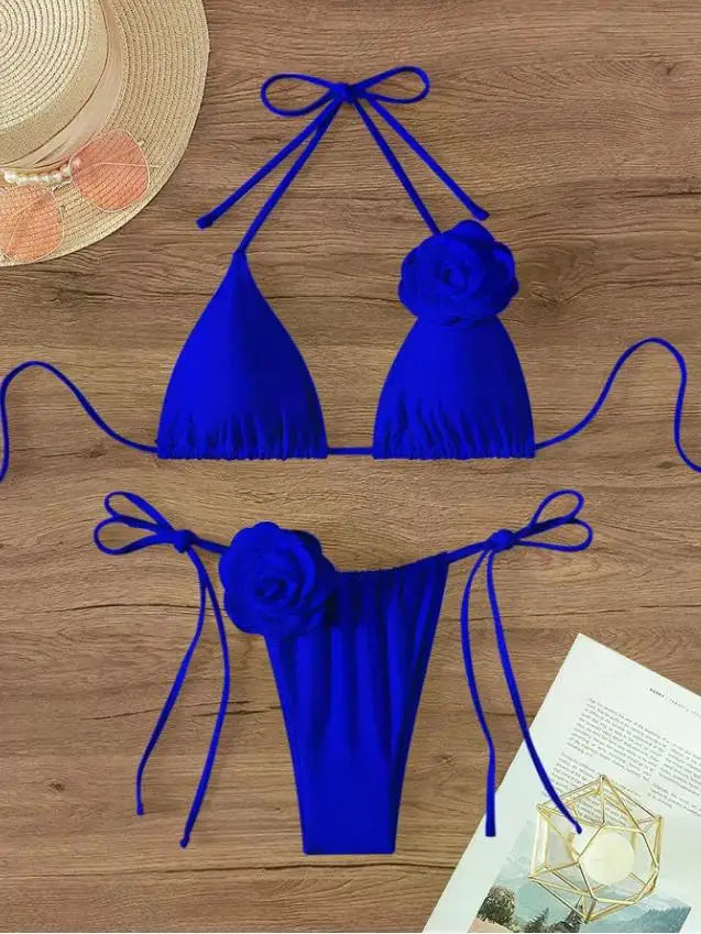 3D Floral Halter Strappy Bikini Set