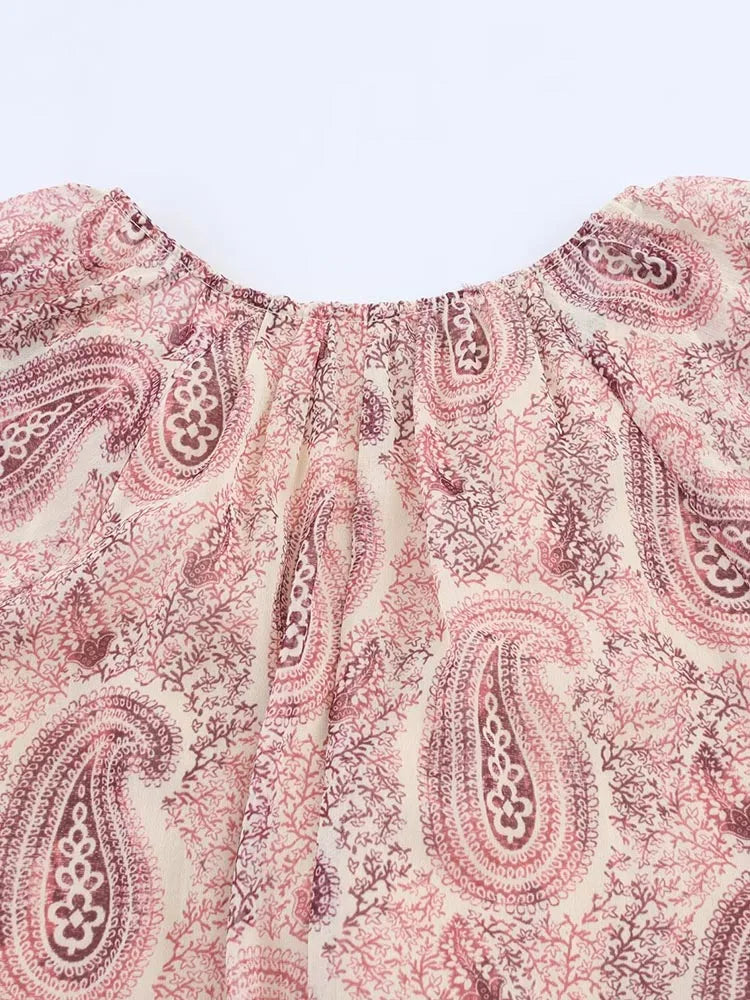 Vintage Print Chiffon Ruffle Midi Dress