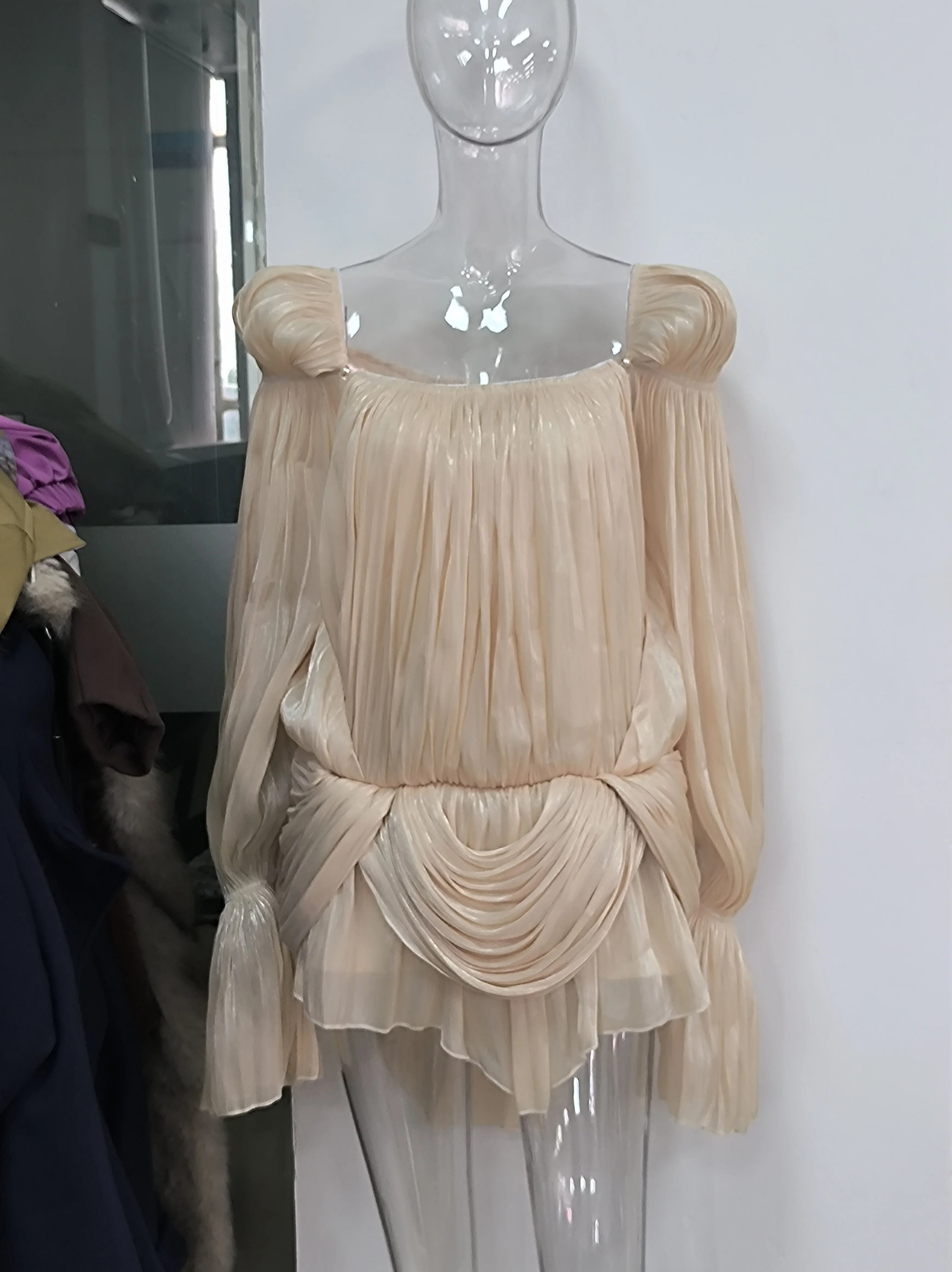 Off-Shoulder Satin Puff-Sleeve Mini Dress