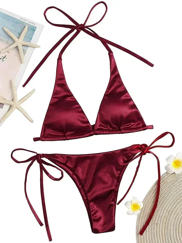 Metallic Satin Halter Bikini