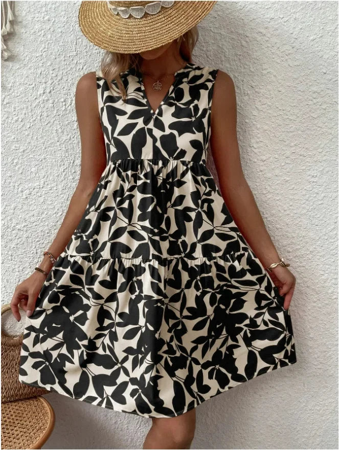 Green Leaf Print Tiered Mini Dress