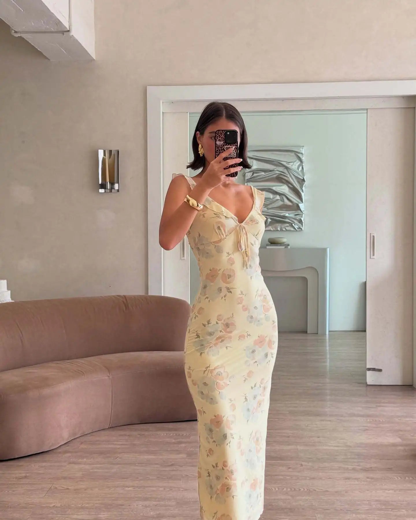 Floral Plunge Backless Maxi Dress