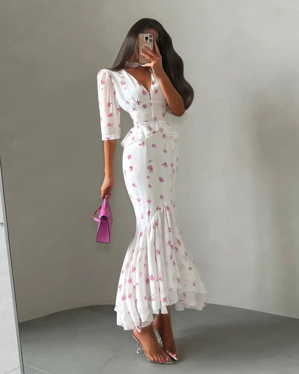 Organza Floral Puff-Sleeve Maxi Dress