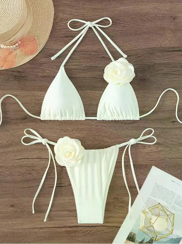 3D Floral Halter Strappy Bikini Set