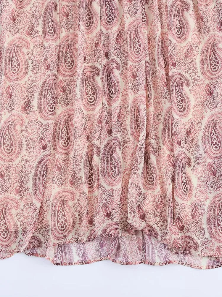 Vintage Print Chiffon Ruffle Midi Dress