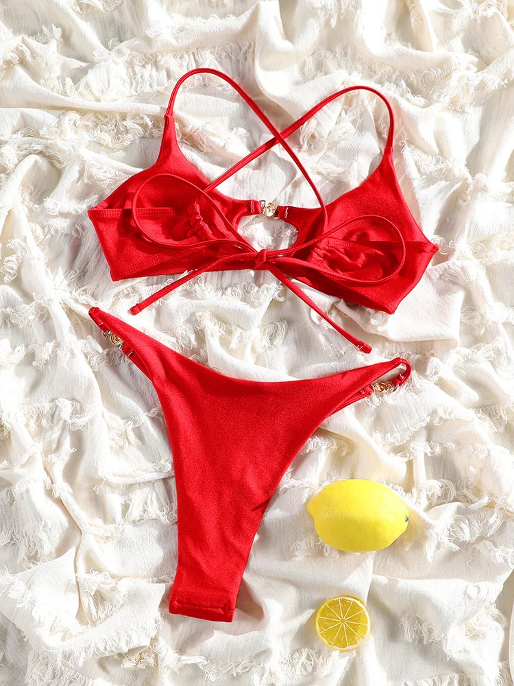 Solid Hollow-Out Push-Up Bikini Set