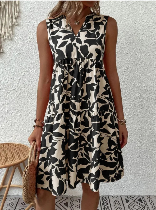 Green Leaf Print Tiered Mini Dress