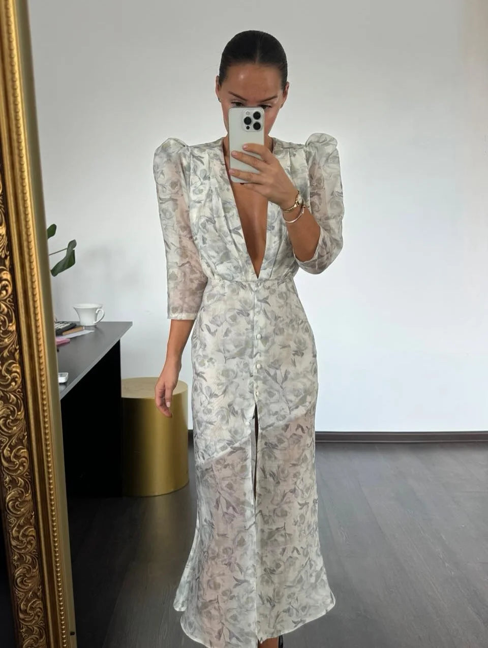 Organza Floral Puff-Sleeve Maxi Dress