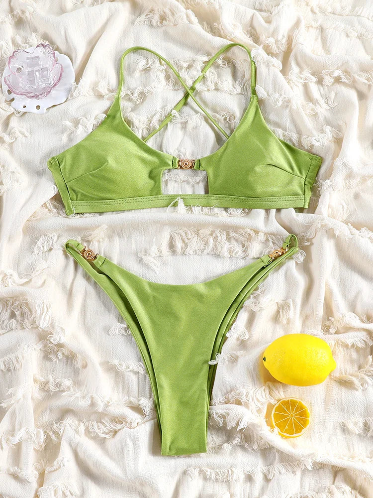 Solid Hollow-Out Push-Up Bikini Set