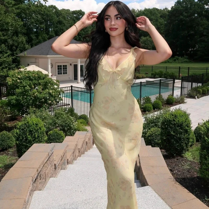 Floral Plunge Backless Maxi Dress