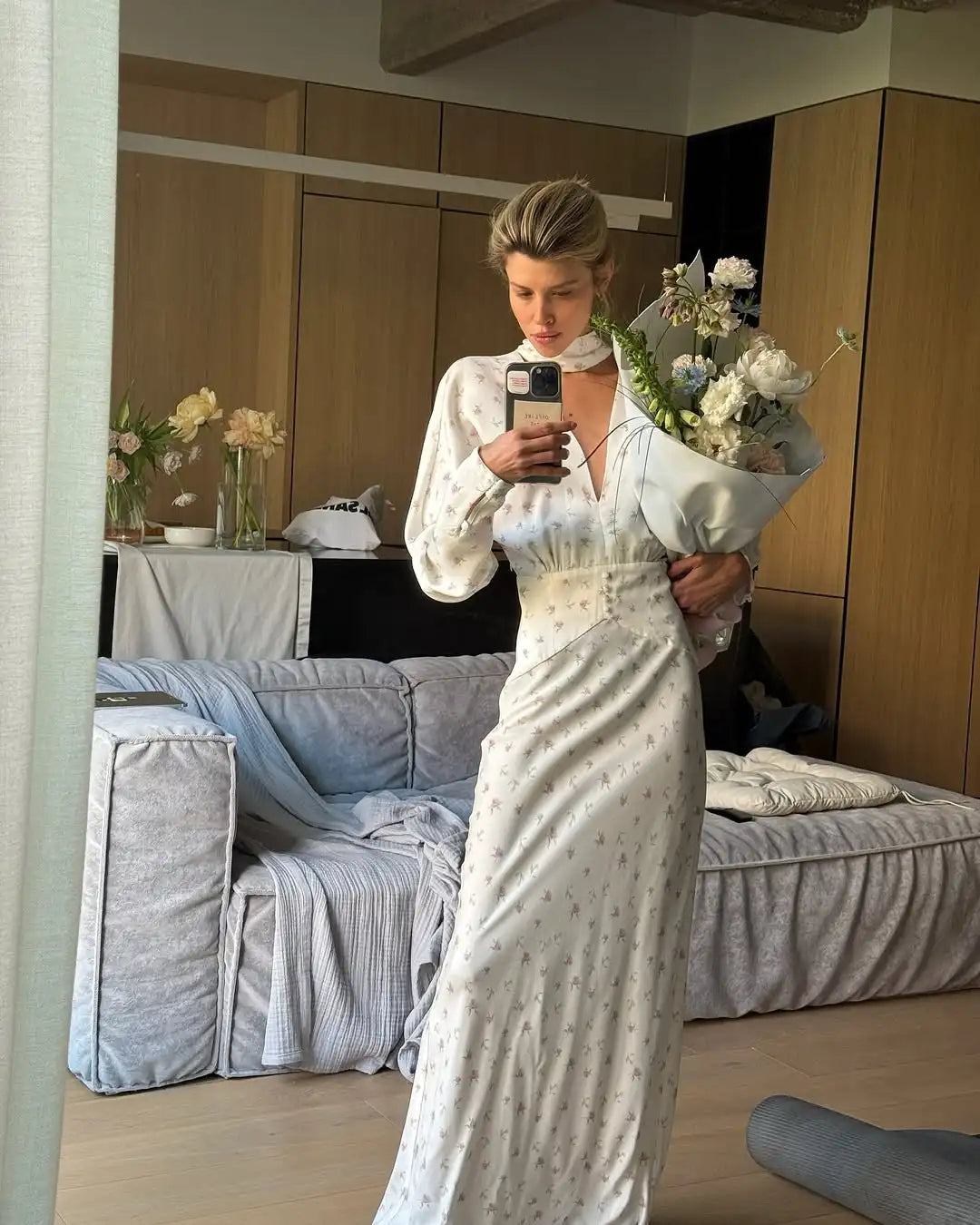 Organza Floral Puff-Sleeve Maxi Dress