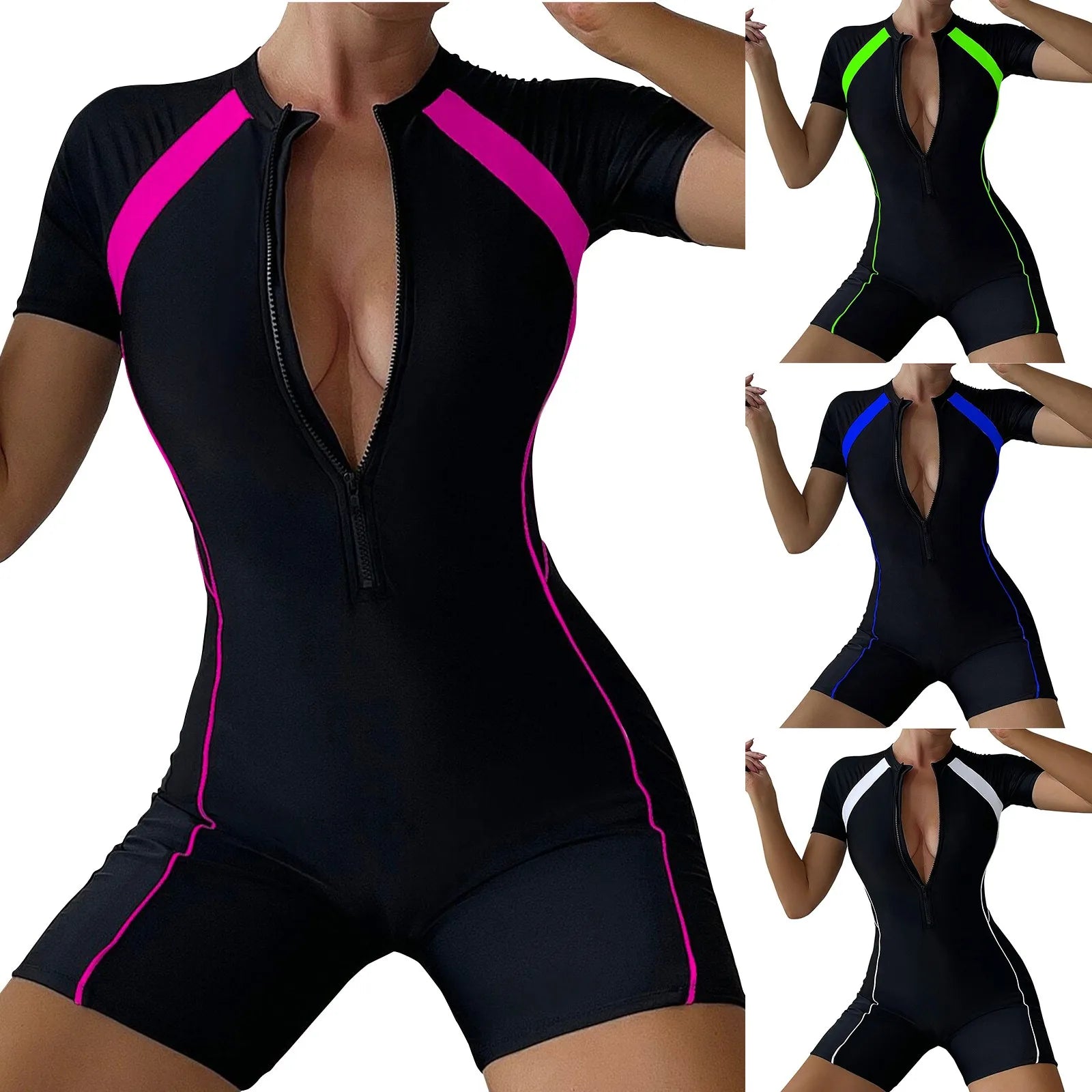 Zip Patchwork One-Piece Swimsuit