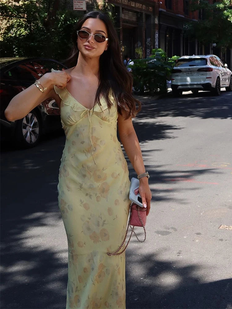 Floral Plunge Backless Maxi Dress