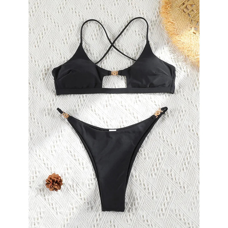 Solid Hollow-Out Push-Up Bikini Set