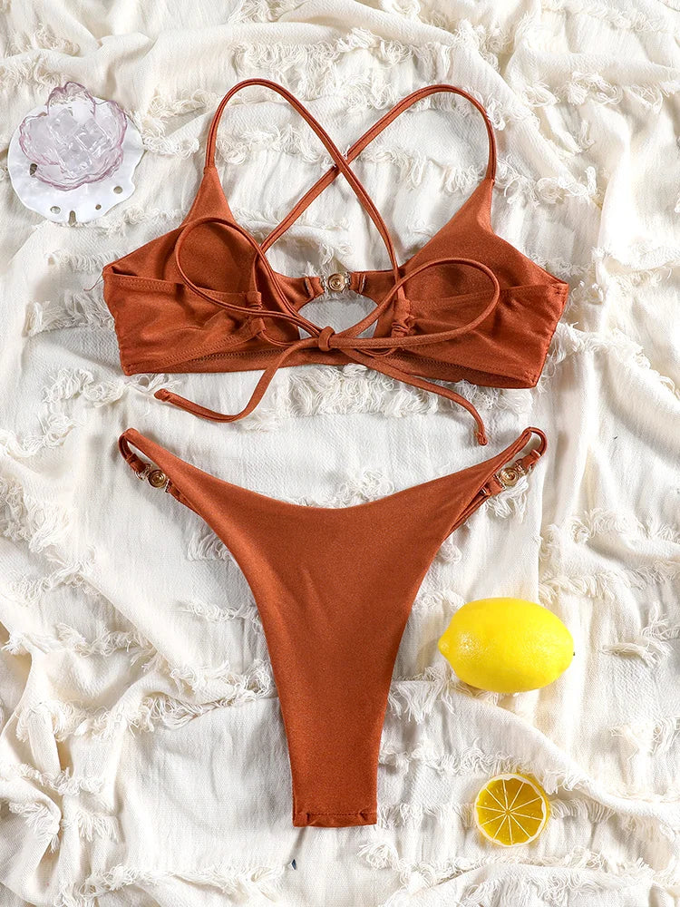 Solid Hollow-Out Push-Up Bikini Set
