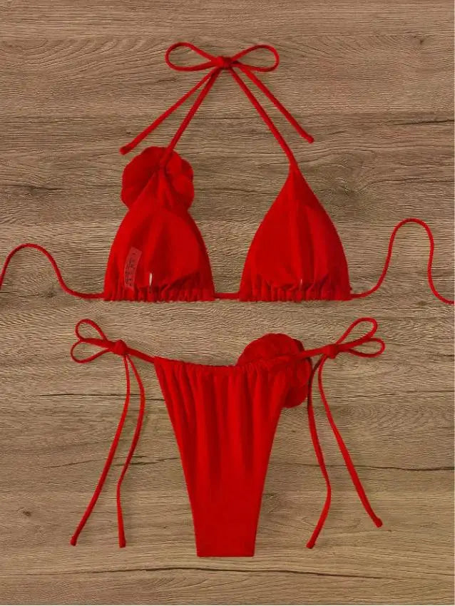 3D Floral Halter Strappy Bikini Set