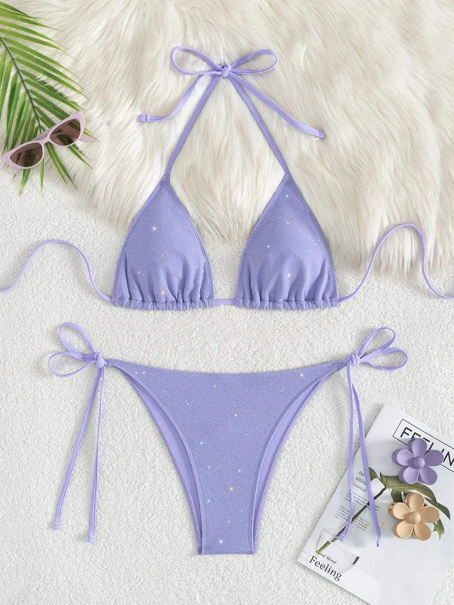 Sparkly Halter High-Cut Bikini