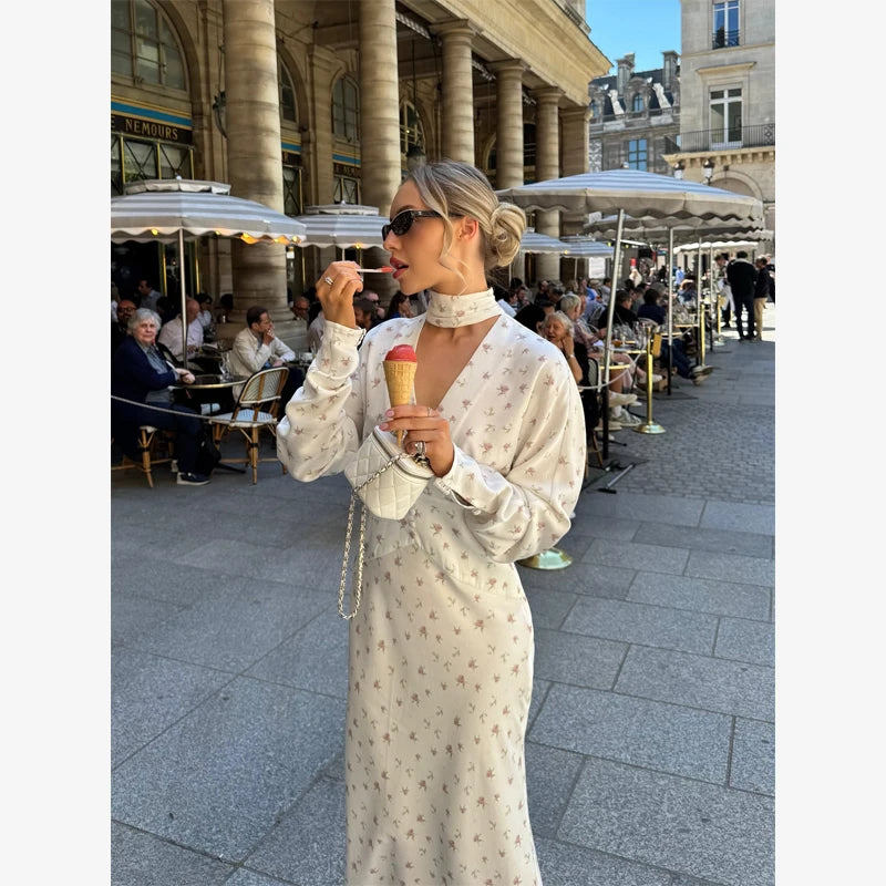Organza Floral Puff-Sleeve Maxi Dress