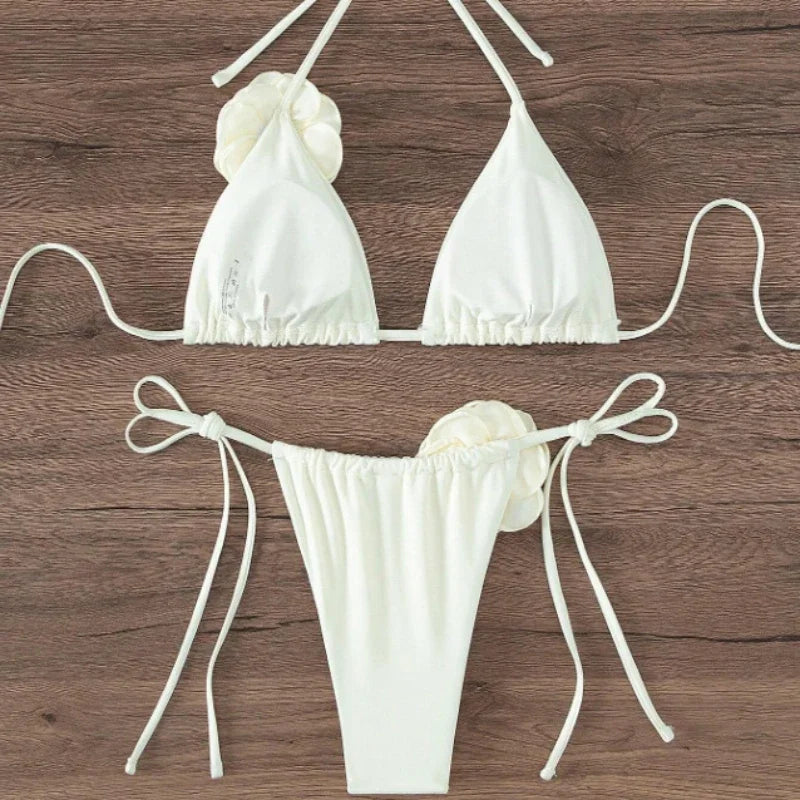 3D Floral Halter Strappy Bikini Set