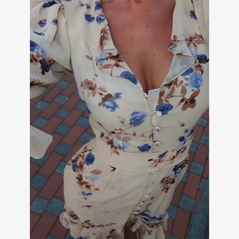 Organza Floral Puff-Sleeve Maxi Dress