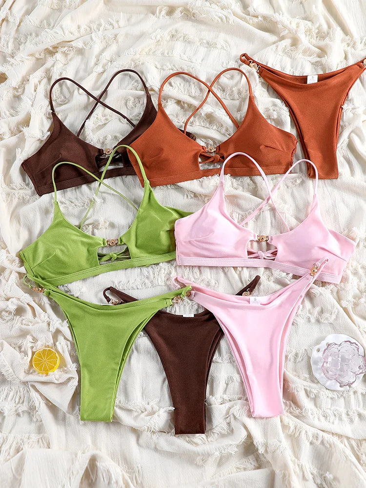 Solid Hollow-Out Push-Up Bikini Set