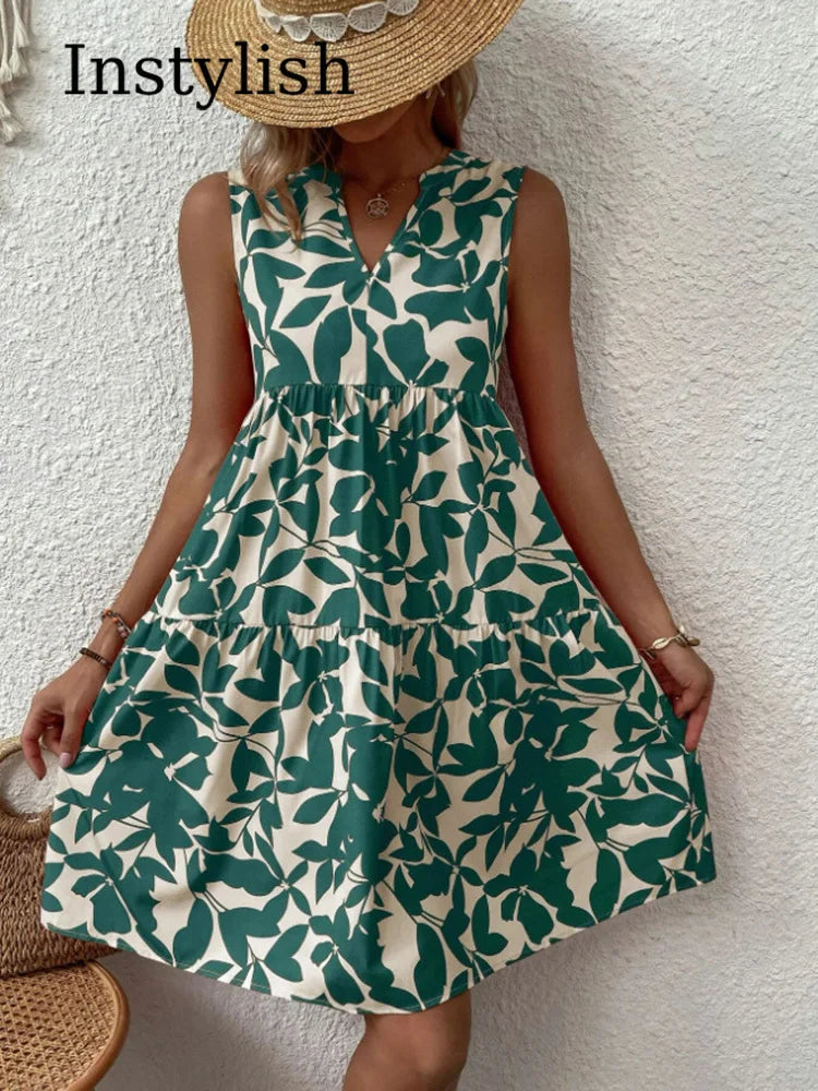 Green Leaf Print Tiered Mini Dress